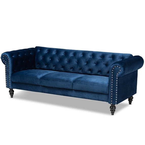 Bowery Hill Navy Blue Velvet Upholstered Button Tufted Chesterfield Sofa