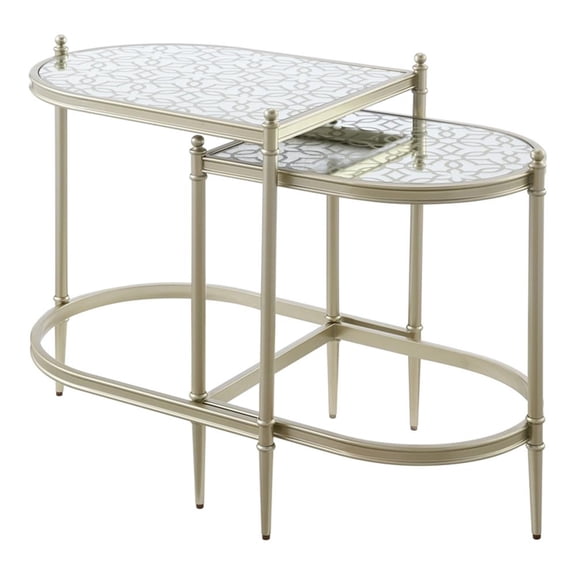 Bowery Hill Oval Metal Nesting Tables with Tempered Glass in Silver Clear