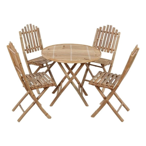 Bowery Hill Patio Dining Set Bamboo Color/Blue Cushions - Set of 4