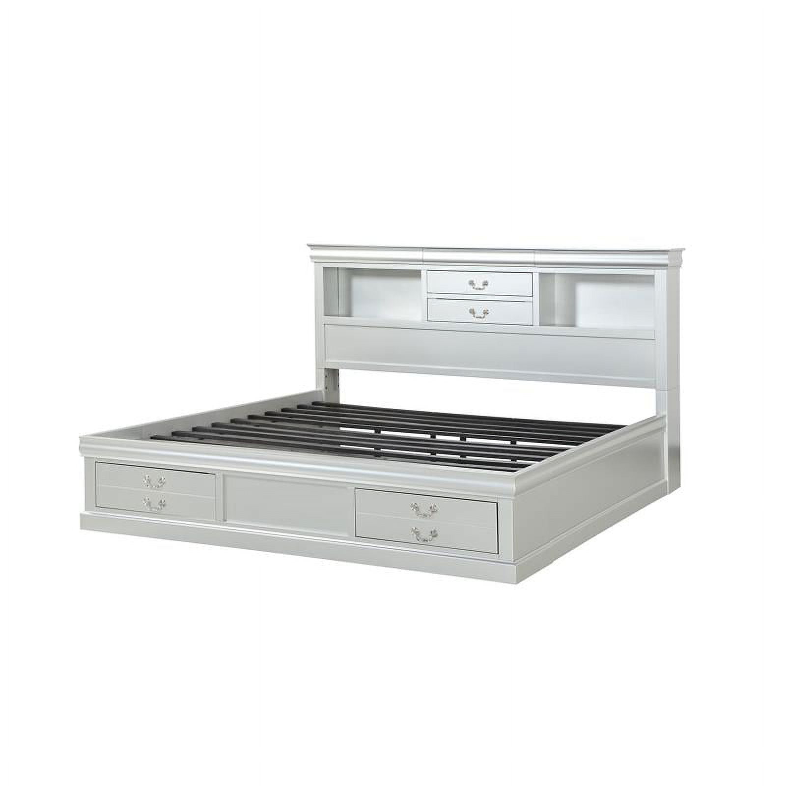 Elegant Platinum Queen Storage Bed with Upholstered Bookcase Headboard