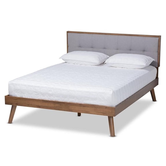 Bowery Hill Queen Size Light Gray Fabric Walnut Finished Platform Bed