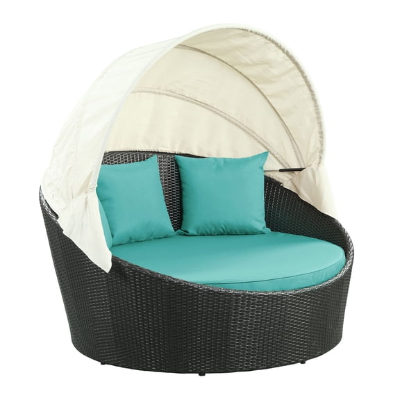 Bowery Hill Rattan Weave/Aluminum Canopy Patio Daybed in Espresso/Turquoise