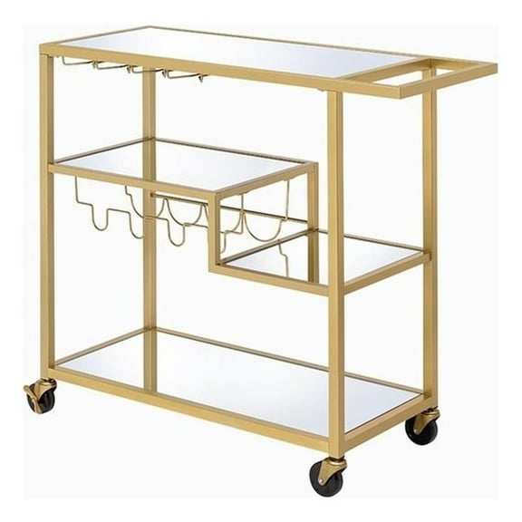 Bowery Hill Rectangular Glass Top Serving Cart with 3 Tiers in Gold