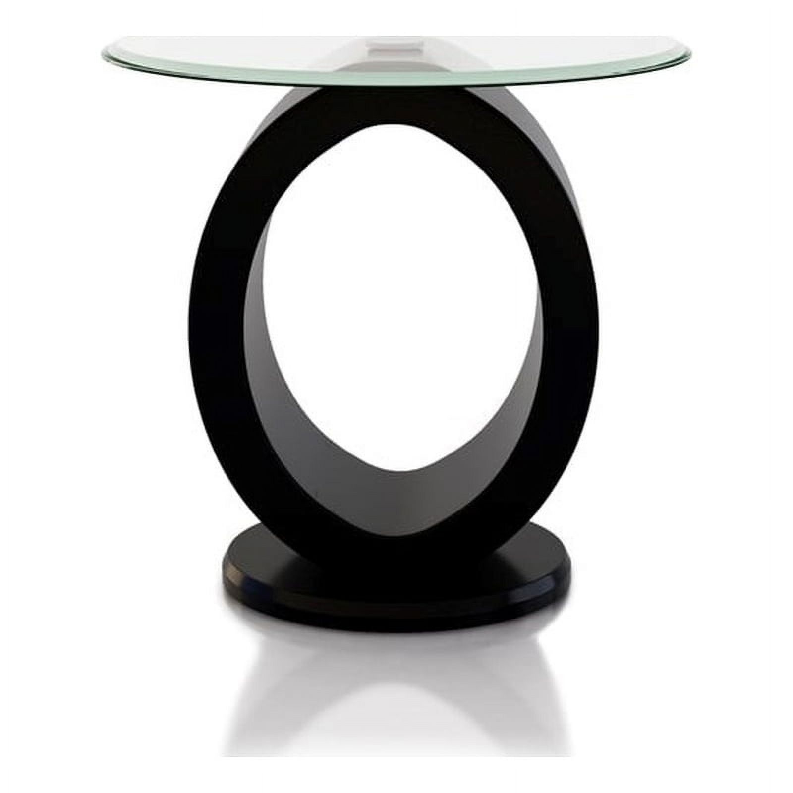 Bowery Hill Round Contemporary Wood End Table with Glass Top in Black