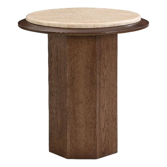 Bowery Hill Round End Table with Genuine Travertine Top in Walnut