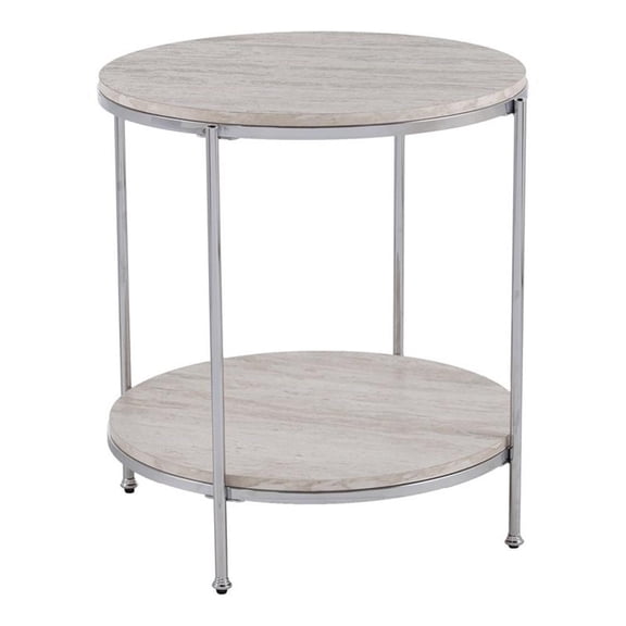 Bowery Hill Round Faux Stone End Table in Chrome-Faux Travertine