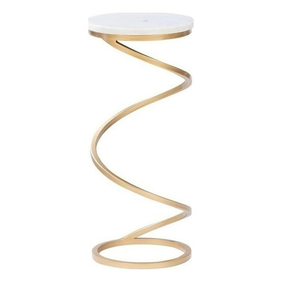 Bowery Hill Round Modern Metal & Marble Drink Table w/ Spiral Base in Gold/White