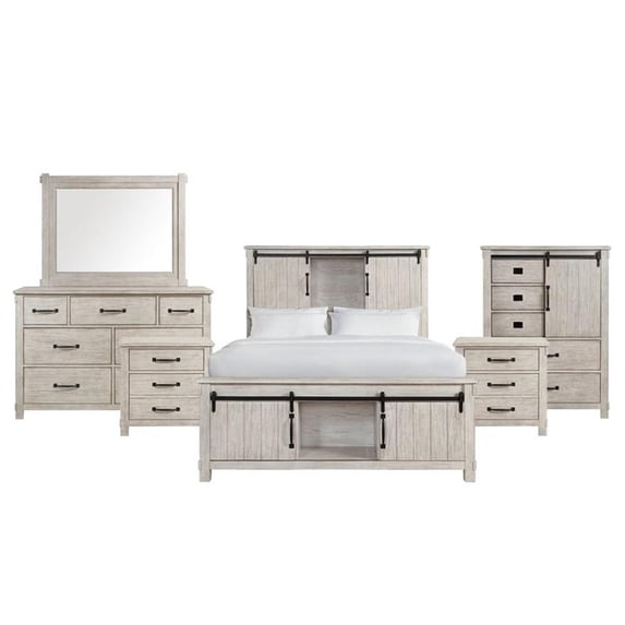 Bowery Hill Rubber Wood 6 Piece Queen Platform Storage Bedroom Set White Washed