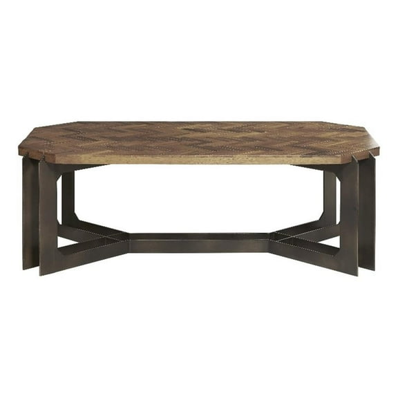 Bowery Hill Rustic Brown Chevron Wood Top Cocktail Table with Metal Base