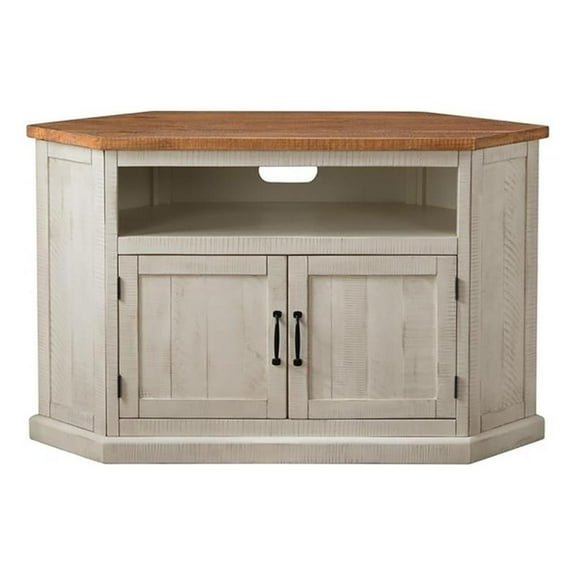 Bowery Hill Rustic Wood Corner TV Stand for TVs up to 50" in Antique White/Honey