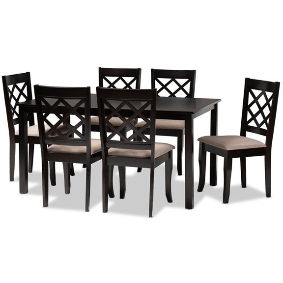 Bowery Hill Sand Fabric Dark Brown Finished 7-Piece Wood Dining Set