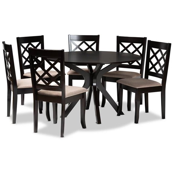 Bowery Hill Sand Fabric and Dark Brown Finished Wood 7-Piece Dining Set