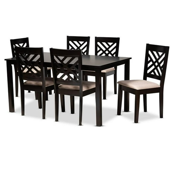Bowery Hill Sand Upholstered Espresso Wood 7-Piece Dining Set