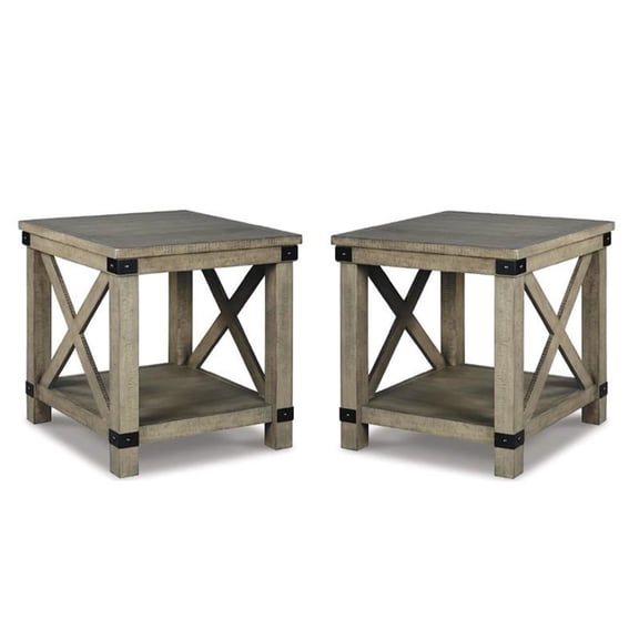 Bowery Hill Set of 2 Solid Pine Wood End Tables in Weathered Gray