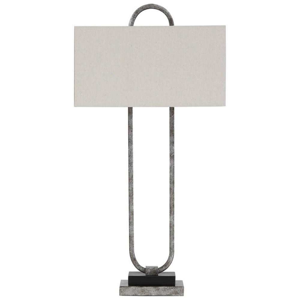 Antique Silver Geometric Metal Table Lamp with Beige Shade