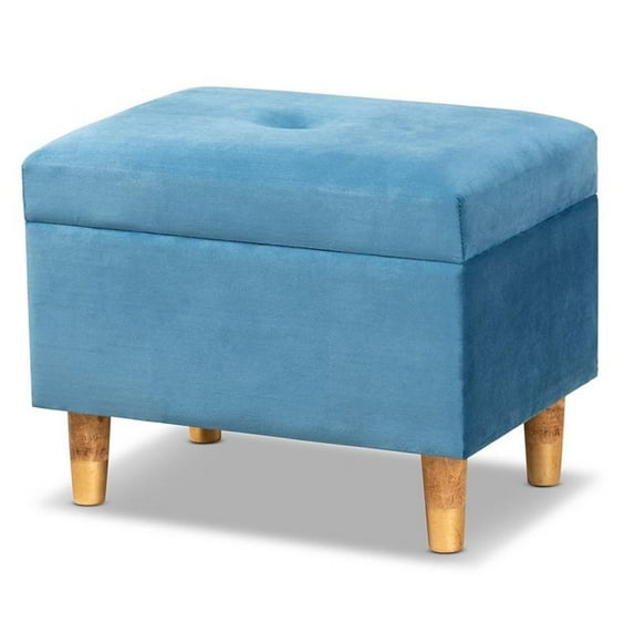 Bowery Hill Sky Blue Velvet and Brown Finished Wood Storage Ottoman