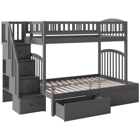 Bowery Hill Solid Wood Staircase Storage Bunk Twin Over Full in Gray