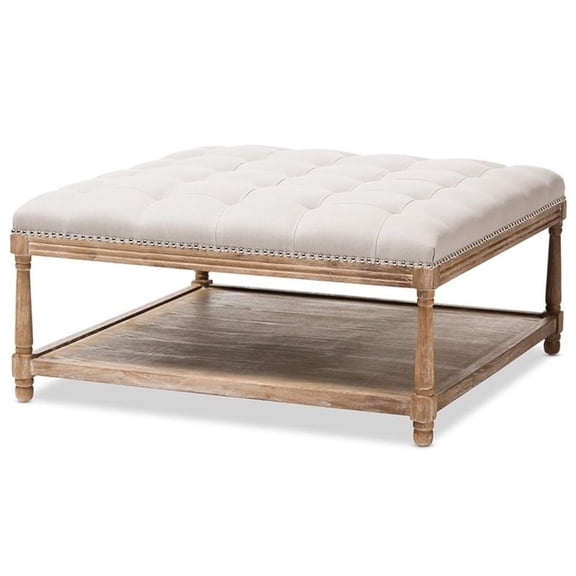 Bowery Hill Linen Beige Coffee Table Ottoman Square Button-Tufted 39.37" Assembled