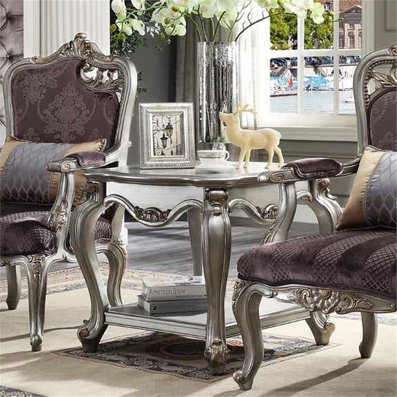 Bowery Hill Square Wooden End Table with Floral Trim in Antique Platinum