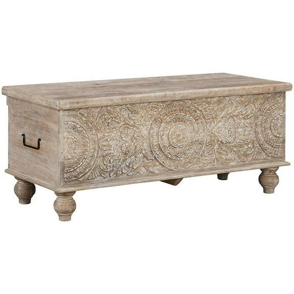 Bowery Hill Wood Antique White and Light Brown Bench Rectangular Hinged Storage 43.25" Unassembled
