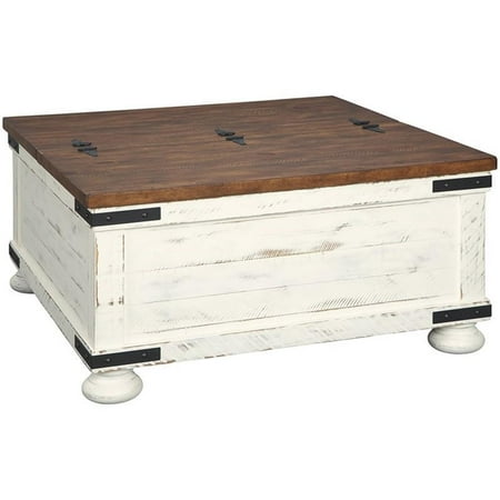 Bowery Hill Veneers Vintage White Coffee Table Square Hinged Lift-Top Design 36"