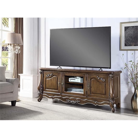 Bowery Hill TV Stand with Tempered Glass Doors in Antique Oak