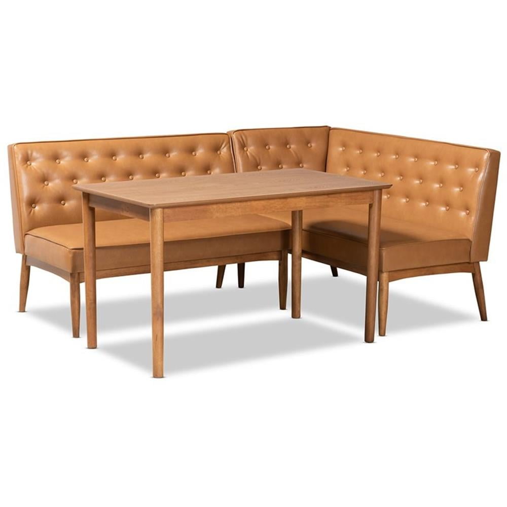 Mid-Century Walnut Brown Faux Leather 3-Piece Dining Nook Set