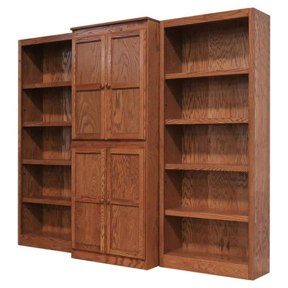 Bowery Hill Traditional 72" 15-Shelf Wood Bookcase Wall with Doors in Dry Oak