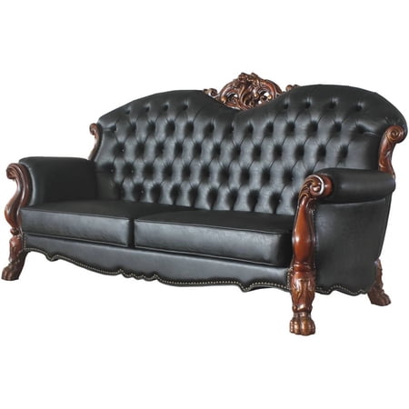 Bowery Hill Traditional Faux Leather Sofa with 5 Pillows in Black/Cherry
