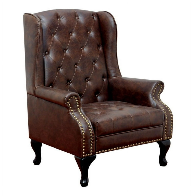 Bowery Hill Traditional Faux Leather Tufted Accent Chair in Rustic Brown