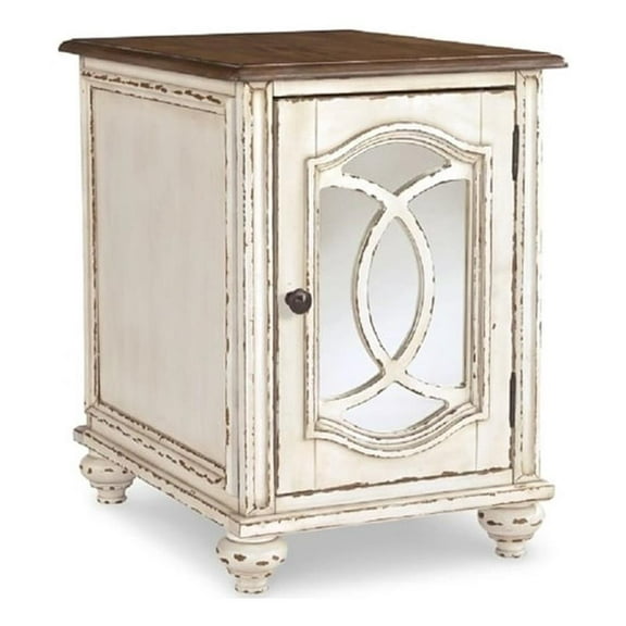 Bowery Hill Traditional Mirrored Storage End Table in Chipped White/Brown