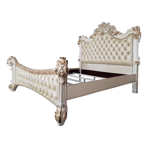 Bowery Hill Traditional Queen Bed in Beige PU & Antique Pearl Finish