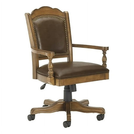 Bowery Hill Traditional Solid Wood/Leather Caster Chair in Classic Brown