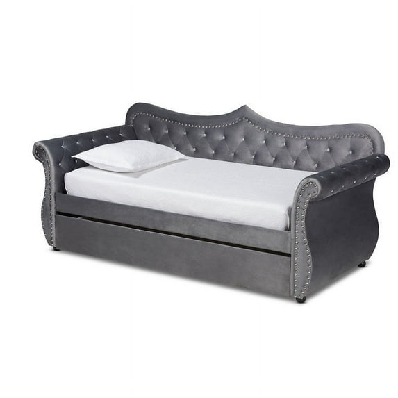 Bowery Hill Traditional Velvet Crystal Tufted Twin Daybed with Trundle in Gray