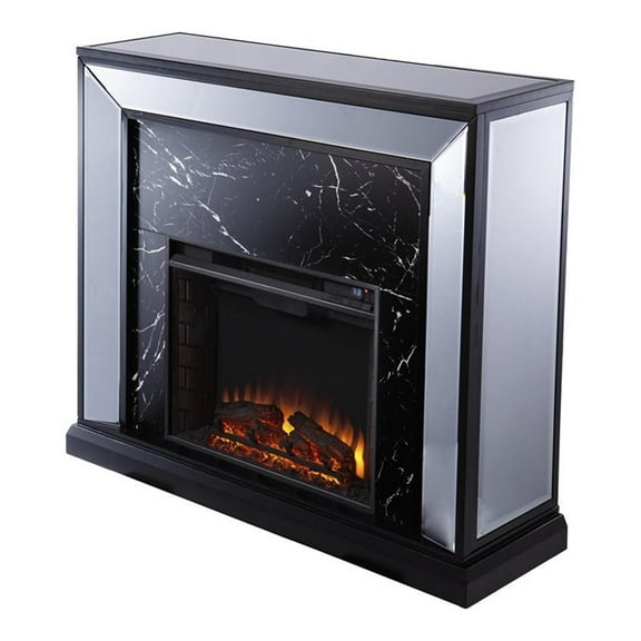 Bowery Hill Trandling Mirrored Faux Marble Wood Fireplace in Black/Silver