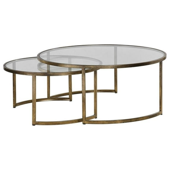 Bowery Hill Transitional 2 Piece Glass Top Nesting Coffee Table Set in Gold