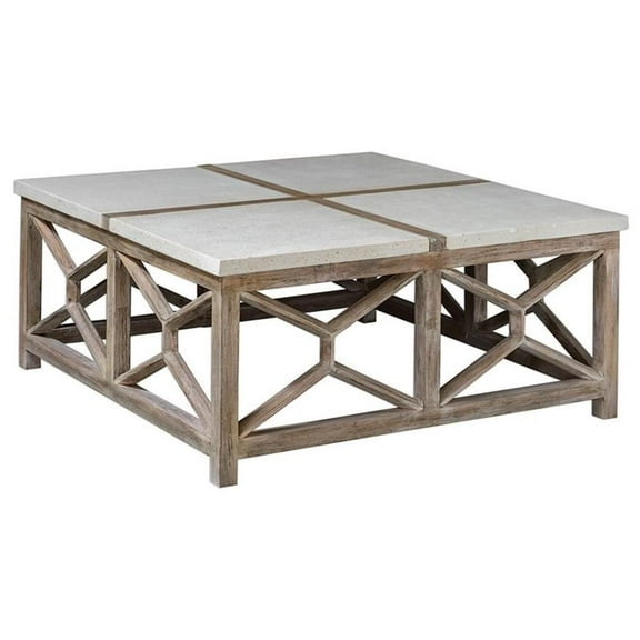 Bowery Hill Transitional 40" Square Stone Top Coffee Table in Ivory