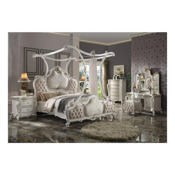 Bowery Hill Transitional Eastern King Bed w/Canopy in Fabric & Antique Pearl