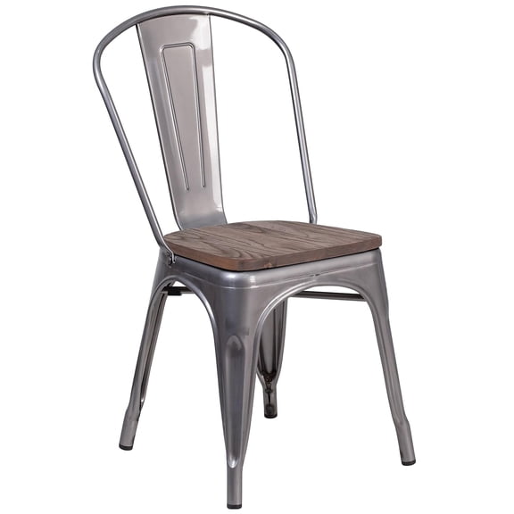 Bowery Hill Metal Gray Dining Side Chair Stackable Textured Walnut Elm Wood Seat 33.5" Unassembled