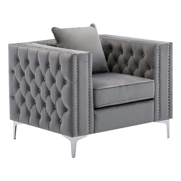 Bowery Hill Transitional Style Tufted Gray Velvet Accent Club Chair with Thorw Pillow
