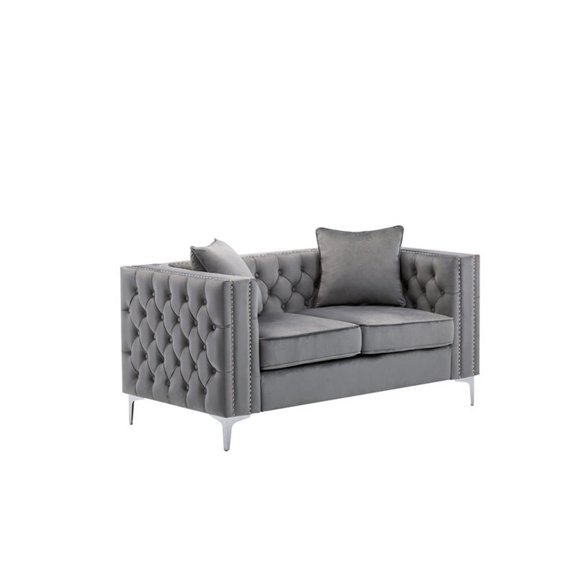 Bowery Hill Transitional Style Tufted Gray Velvet Loveseat with 2 Throw Pillows