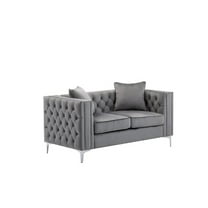 Bowery Hill Transitional Style Tufted Gray Velvet Loveseat with 2 Throw Pillows