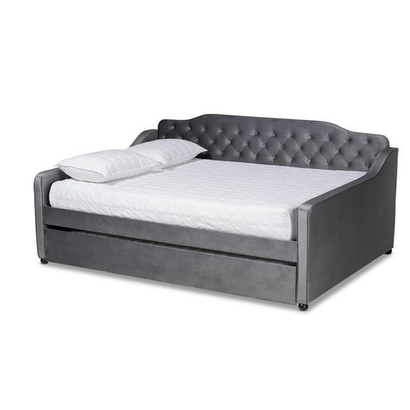 Bowery Hill Transitional Velvet Button Tufted Full Daybed with Trundle in Gray