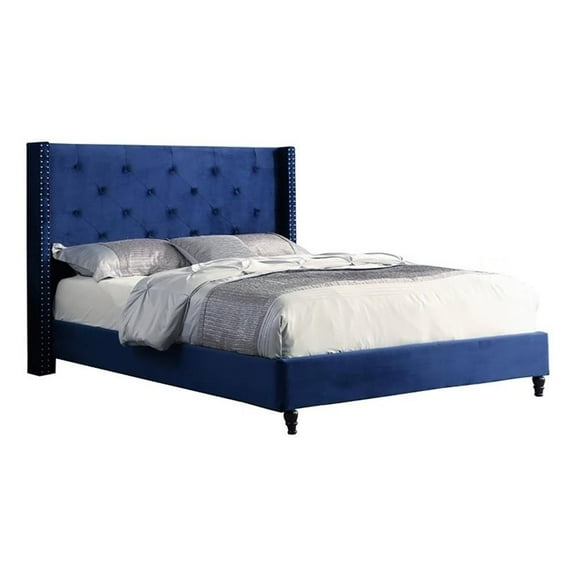 Bowery Hill Transitional Velvet Fabric Wingback Platform Full Bed in Navy