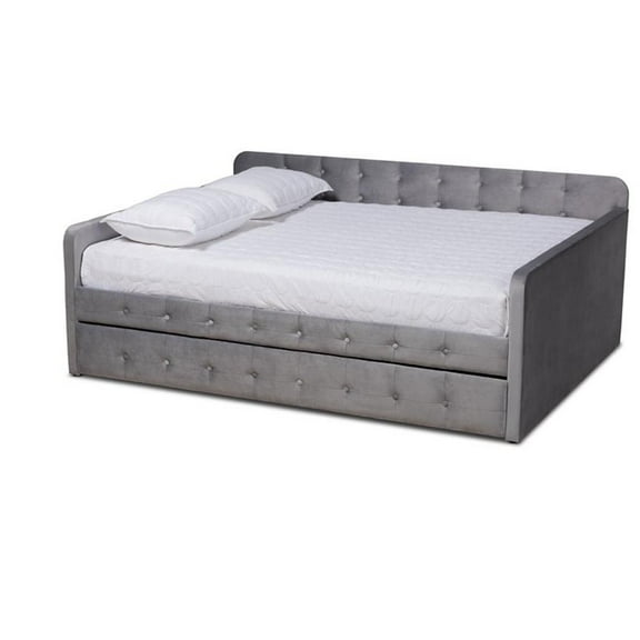 Bowery Hill Transitional Velvet Upholstered Full Size Daybed w/ Trundle in Gray