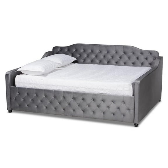 Bowery Hill Transitional Velvet and Button Tufted Queen Size Daybed in Gray