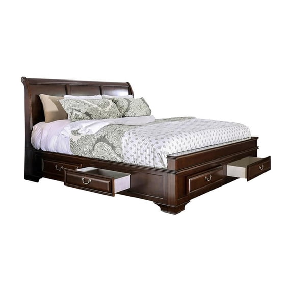 Bowery Hill Solid Wood Brown Cherry Queen Storage Platform Bed Rectangular Arched Headboard 54" Unassembled