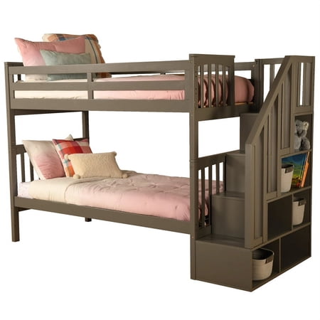 Bowery Hill Twin over Twin Wood Bunk Bed with Storage Drawers/Tray in Brown