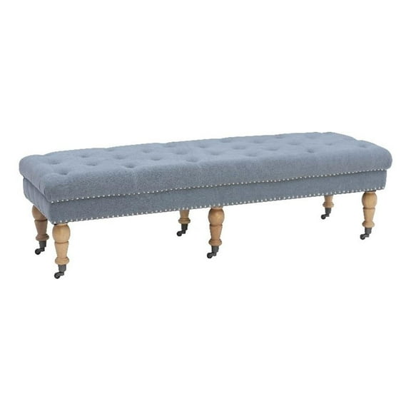 Bowery Hill Upholstered 62" Long Bench Wood Legs in Washed Blue Linen Fabric