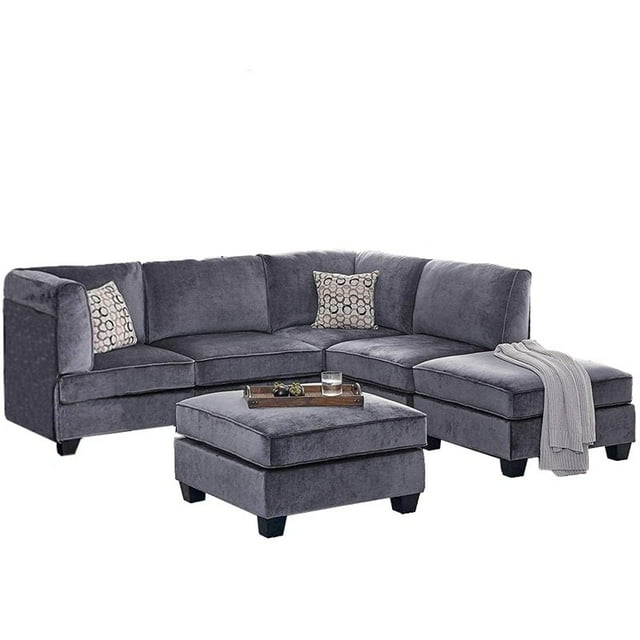 Bowery Hill Upholstery Velvet Fabric 6Pc Modular Sectional Sofa in Gray